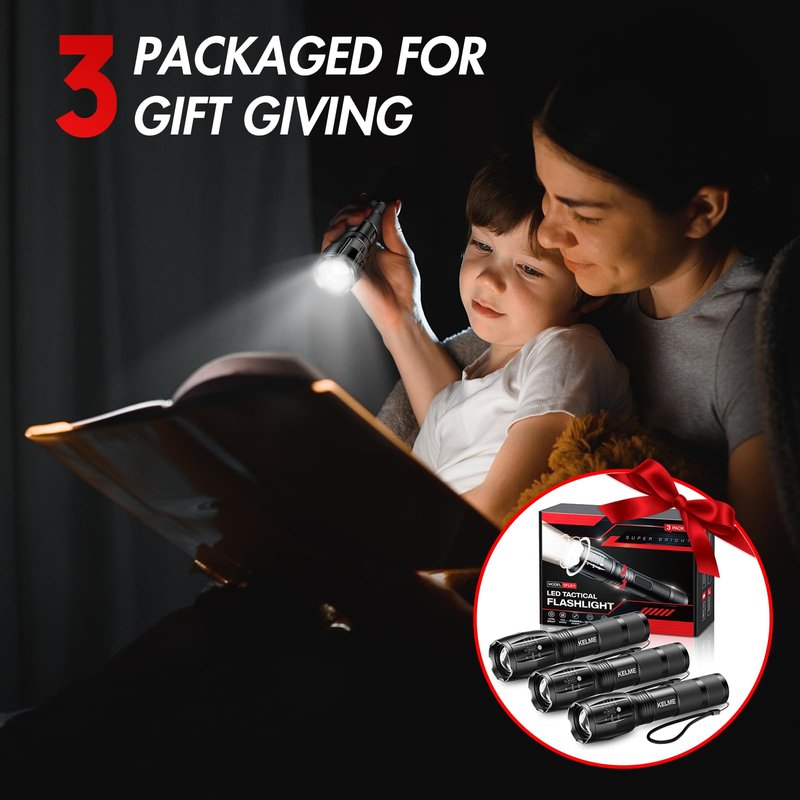 KELME 3 Pack Flashlights High Lumens, Powerful Tactical Flashlights with 5 Modes, Zoomable Small LED Flashlight Waterproof Handheld Flash Light for Home Emergencies Camping Hiking (Battery Included)