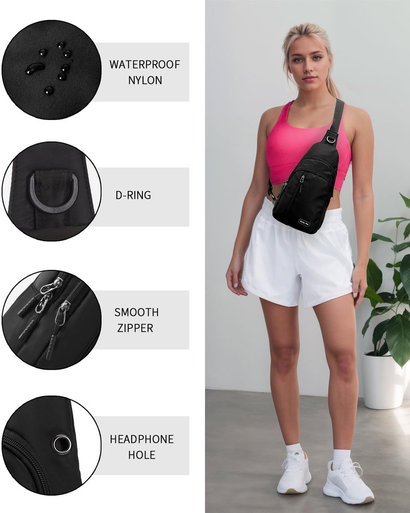 Seoky Rop Small Sling Bag for Men Women Water Resistant Nylon One Strap Shoulder Crossbody Bag for Travel Casual Daily Black