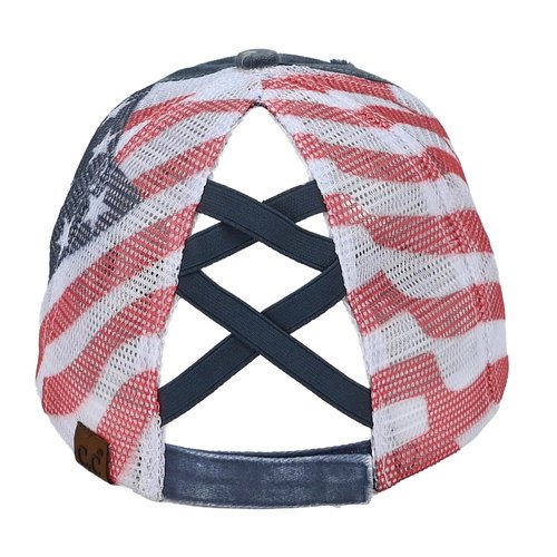 C.C Women's Criss-Cross Ponytail Baseball Cap – Embroidered Cotton Front, American Flag Mesh Back, Adjustable Velcro (Navy)