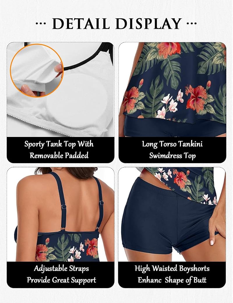 Urchics Plus Size Tankini Set with Long Torso Top & High Waisted Bottoms - Tropical Navy XX-Large