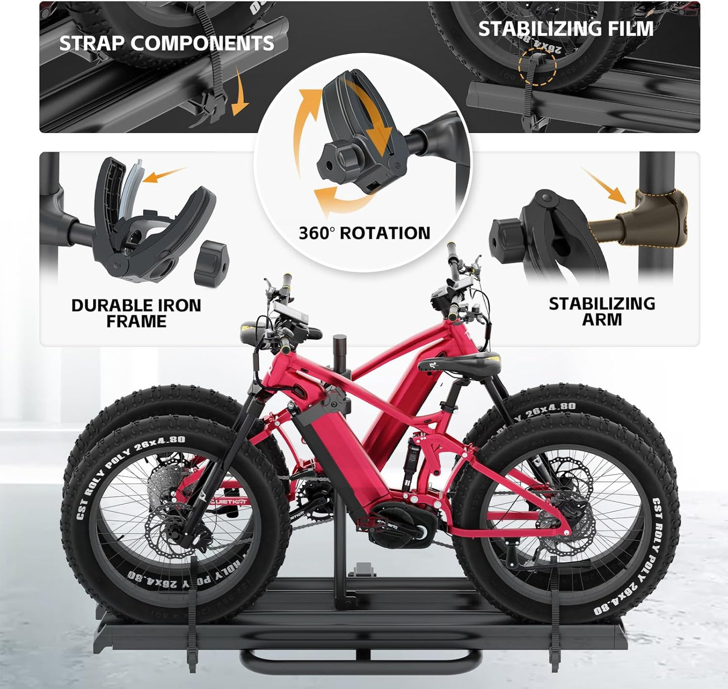 2 EBike Rack up to 5", Foldable & Lockable Bike Racks with Ramp, 200 LBS Capacity Fat Tire Carrier, Electric Bicycles Racks Platform for Standard, Fits 2" Hitch for SUVs Cars Trucks Vans