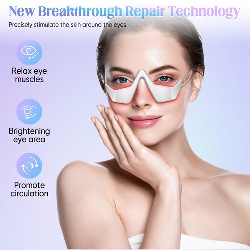Under-Eye Light Therapy Device, Beauty Device with Eye Massage for Relieve Eye Bags, Eye Fatigue, Dark Circles, with Gel and Glasses Strap (White) 1