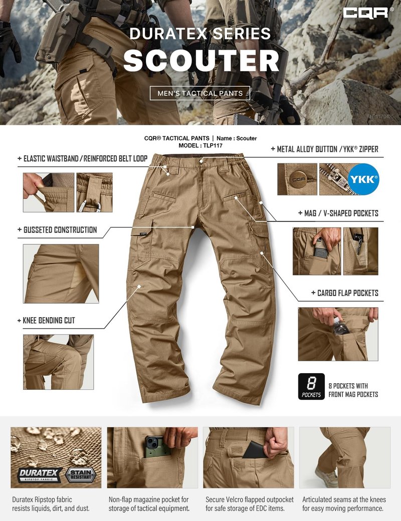 CQR Men's Tactical Pants, Water Resistant Ripstop Cargo Pants, Lightweight EDC Work Hiking Pants, Outdoor Apparel, Raider Cougar, 38W x 30L