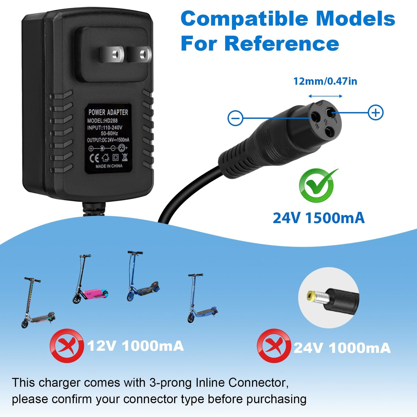24V 1500mA Electric Scooter Charger for Razor E100, E200, E300, E500, PR200, MX350, Dirt Bike, Pocket Mod, Sports Mod, and Dirt Quad ATV Go Kart Connector - 3-Prong Inline Female Battery Power Cord