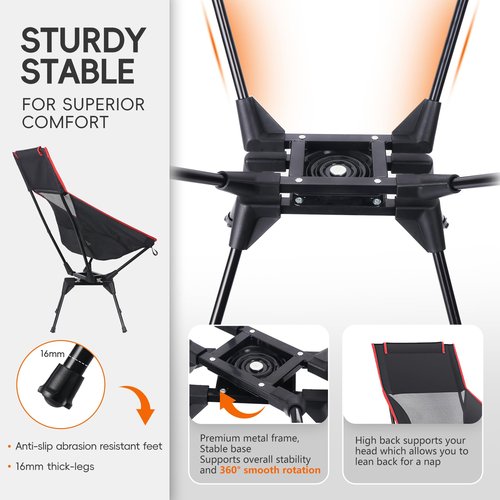 OUTTPLY Swivel Camping Chair, High Back Folding Chair with Head Support, Side Cup Pocket, Stable Portable Outdoor Chair for Camp, Travel, Beach, Party, Fishing, Hiking, Backpacking, Black Red