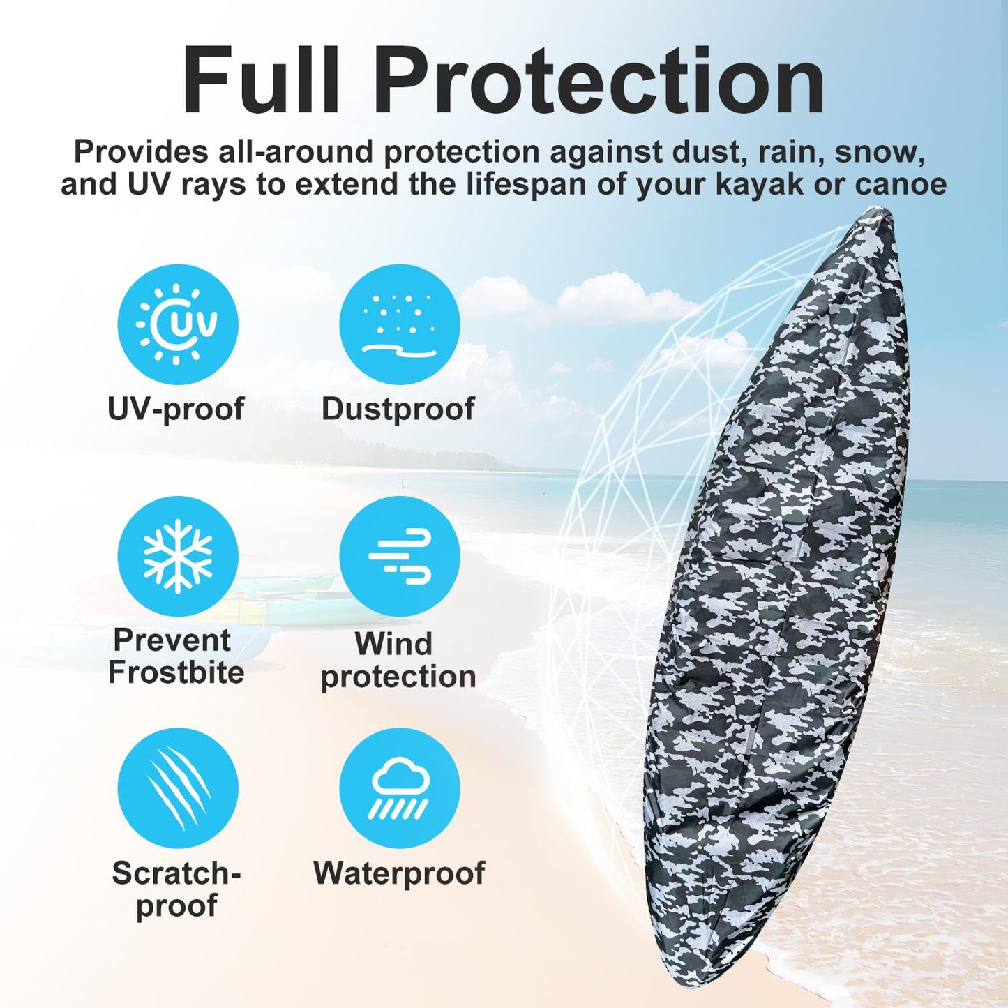Kayak Cover, 420D Waterproof Kayak Covers for Outdoor Storage, Ultra Strong Canoe Storage Oxford UV Resistant Dust Cover Sunblock Fishing Boat Cover Shield Protector- Camouflage