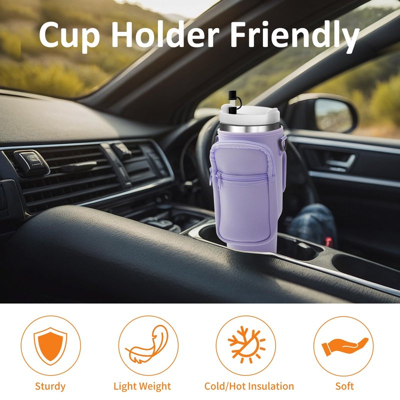 AceTreker Water Bottle Sleeve Bag for Stanley 30/40 oz Tumbler with Handle & 2 Pockets, Neoprene Metal Travel Coffee Mug Carrying Sling Accessories-Purple