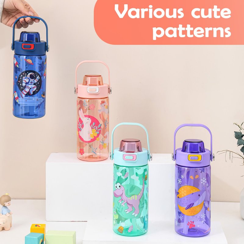 alldomess 20oz Kids Water Bottle For School or Travel, Leak-Proof & Dishwasher, Durable Plastic Sport Water Bottle With Straw and Handle, Rabbit