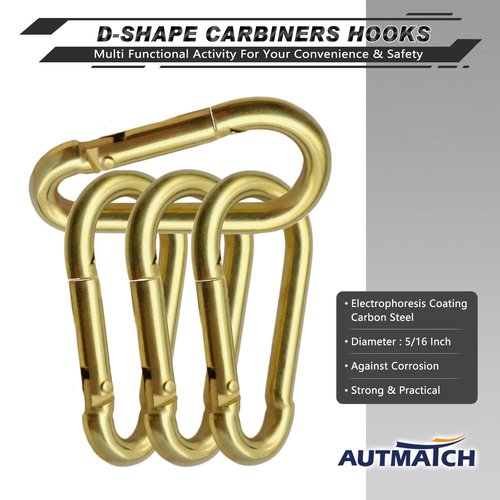 AUTMATCH Carabiner Clips, 3" Carbon Steel Spring Snap Hook Caribeener Clips Buckle Pack Grade Heavy Duty Carabiners Quick Link for Camping, Fishing, Hiking, Traveling, Gold, 4 Pack