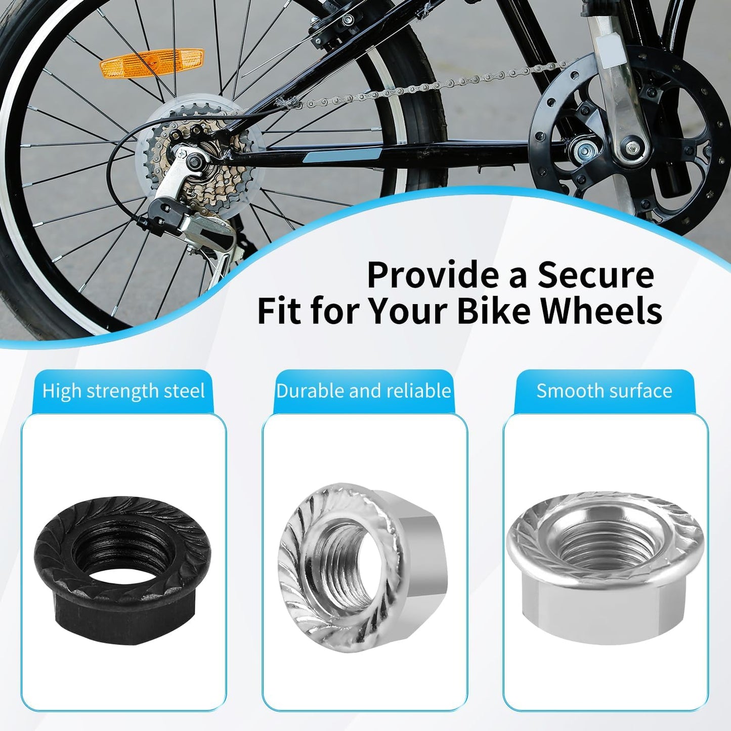 12PCS Bicycle Axle Nuts and Safety Washers, 3 Size M8 M9.5 M10 Bike Wheel Nuts Kit, Black Silver Bike Axle Nuts Washers for Front Rear Mountain Road Kid City Bike Wheel