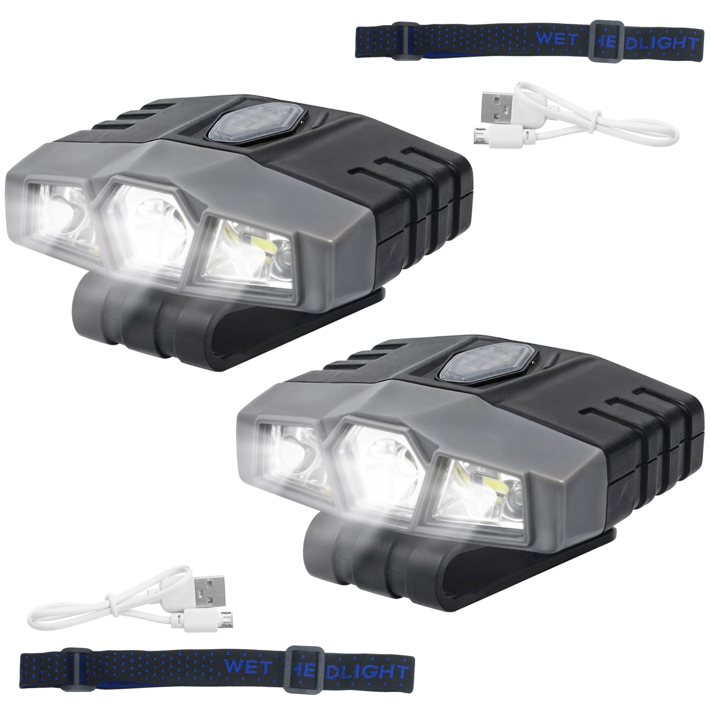 2 Pieces LED Clip On Cap Lights, Hat Flashlight Headlamp Brim Rechargeable Ultra Bright Mini Portable Spotlight for Hands-Free Baseball Caps Fishing Camping 150 Lumens Lighting Waterproof (Black-Grey)