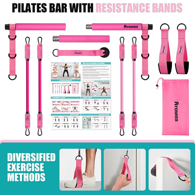 Ayombo Pilates Bar Kit with Resistance Bands, Adjustable Pilates Equipment for Legs, Hip, Waist, Arm, Squats Exercise Equipment for Home Gym Workouts, 3-Section Pilates Bar Kit for Women & Men