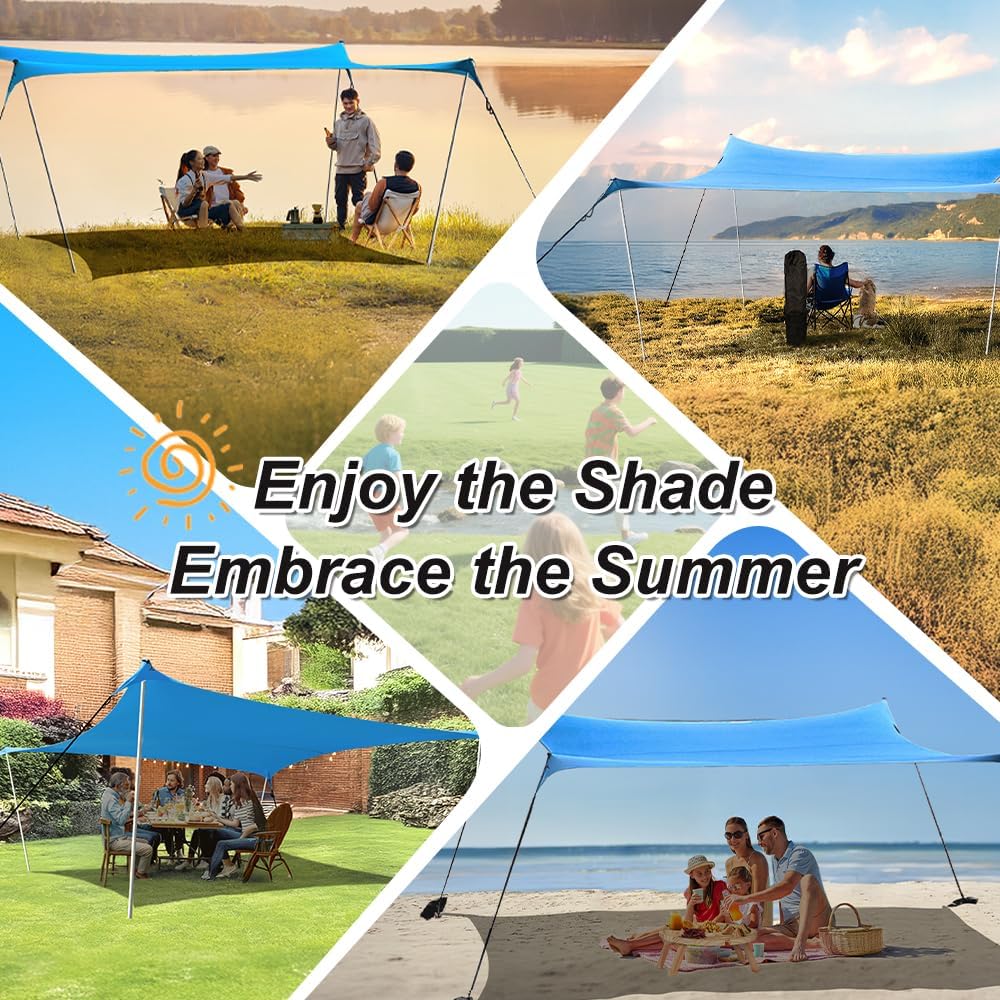 10×10ft UPF50+ Beach Tent Sun Shelter, Windproof Stable Outdoor Pop Up Beach Shade Canopy for Camping, Fishing, Backyard Fun or Picnics, 2 Poles