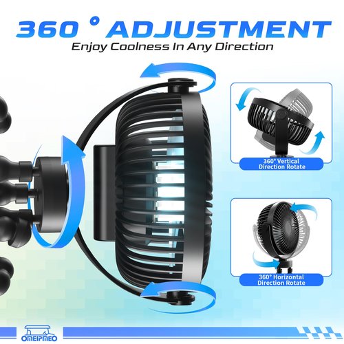 Rechargeable Golf Cart Fan, 12000mAh Stroller Fans, Adjustable 4 Speeds, LED Light, Power Bank, 360° Rotation, Portable Clip on Fans with Flexible Tripod for Club Car EZGO YAMAHA (1PCS Golf Cart Fan)