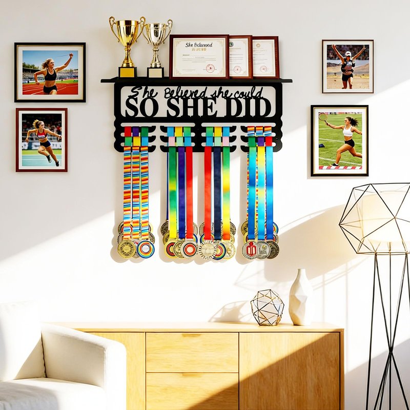 Monlyey Medal Hanger Display with Trophy Shelf - Metal Awards Rack for Walls Holds 60+ Sports Medals, Medal Holder Awards Trophy Display