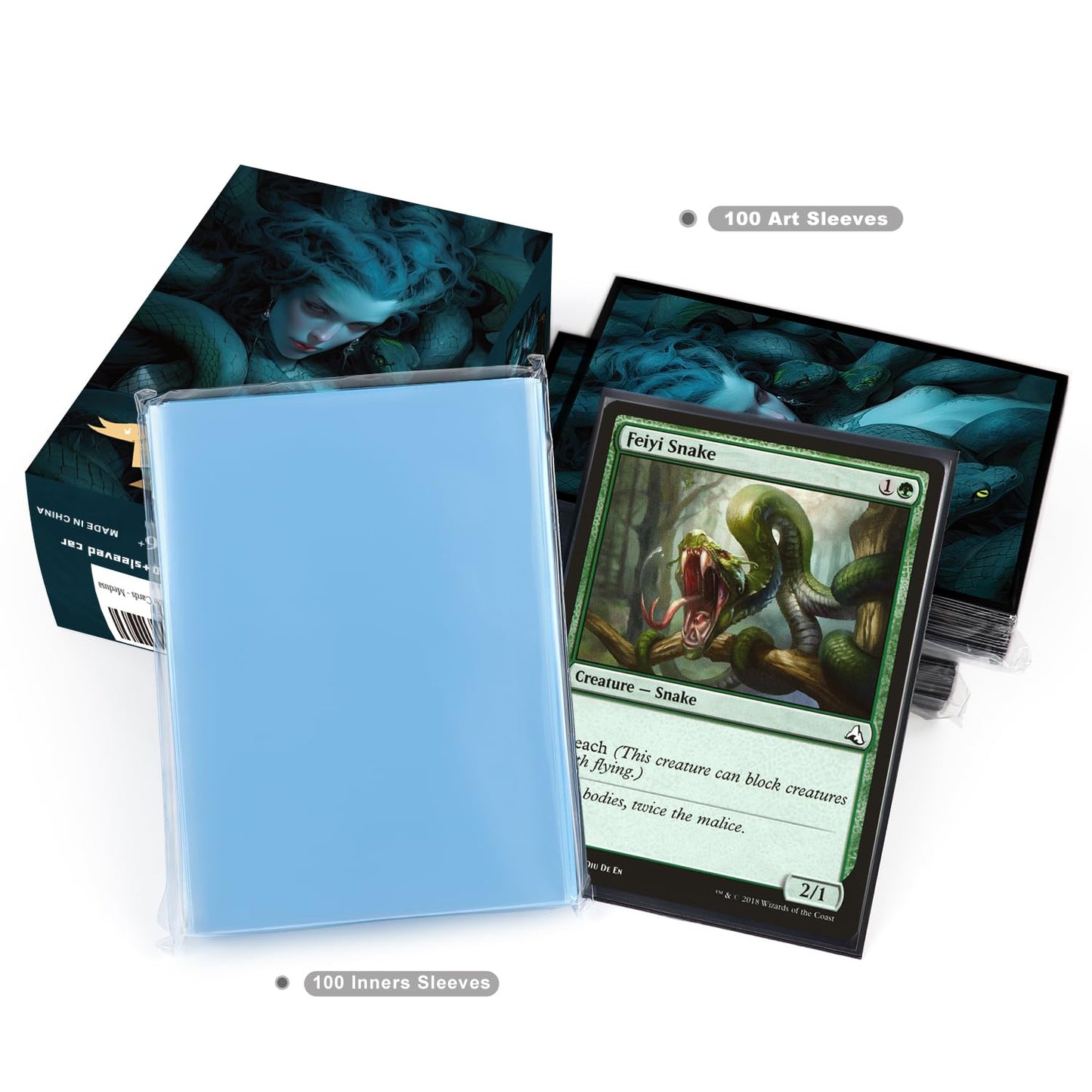Katomula 100 MTG Card Sleeves with 100 Inner Sleeve, Textured Back Art Sleeves, Fit Standard Size Cards - Medusa