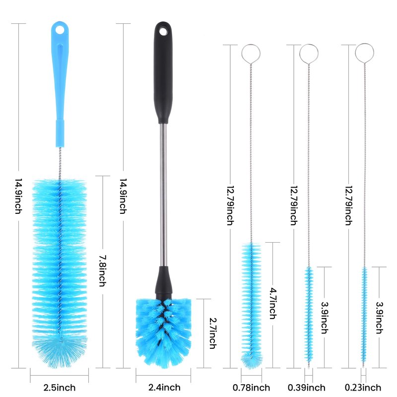 5 Pack Bottle Brush, Straw Cleaner Brush & Water Bottle Brush,15 in Stainless Steel Brush, Narrow Bottle Brush, 3 Straw Brushes, for Water Bottle, Coffee Mugs, Flasks, Glasses, Tumblers, Blue
