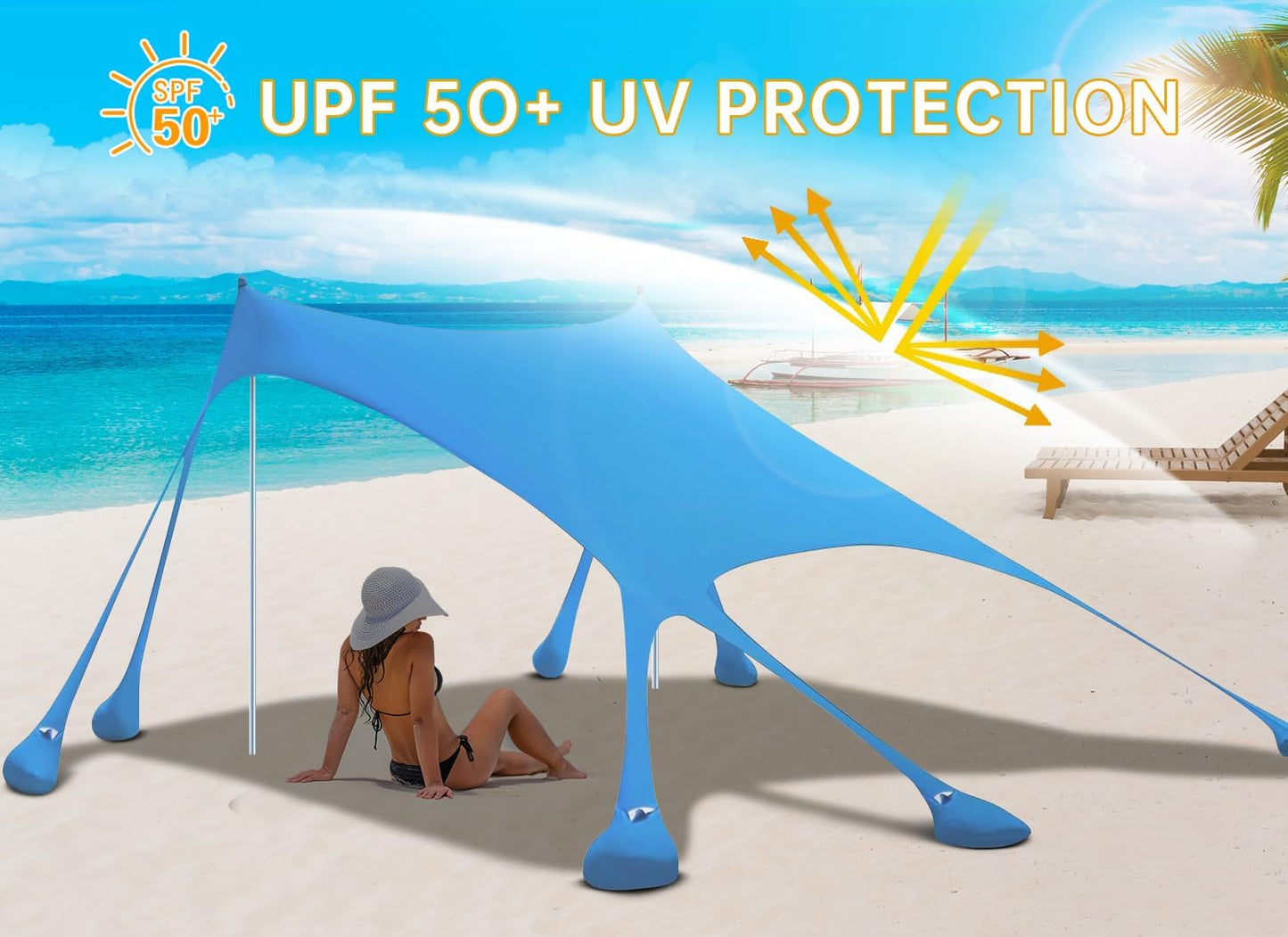 10x10ft Beach Tent Sun Shelter with UPF 50+ UV Protection, Beach Canopy Tent with 8 Sandbags, 4 Stability Poles, 8 Ground Pegs for Camping, Fishing, Picnics, Backyard Fun (Sky Blue)
