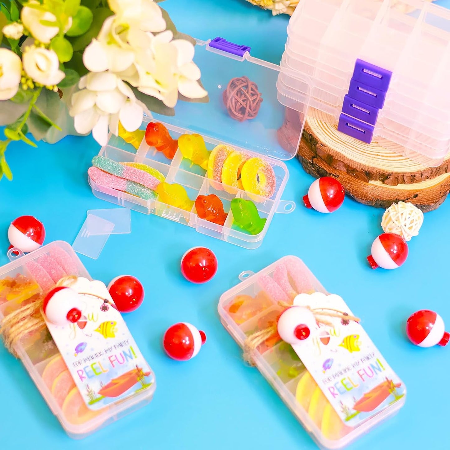 24 Set Fishing Candy Little Tackle Boxes for Birthday Party Favors with 24 Fishing Bobber 24 Thank You Cards for Making My Party Reel Fun Gone Fishing Theme Supplies Fishing Decorations (24)