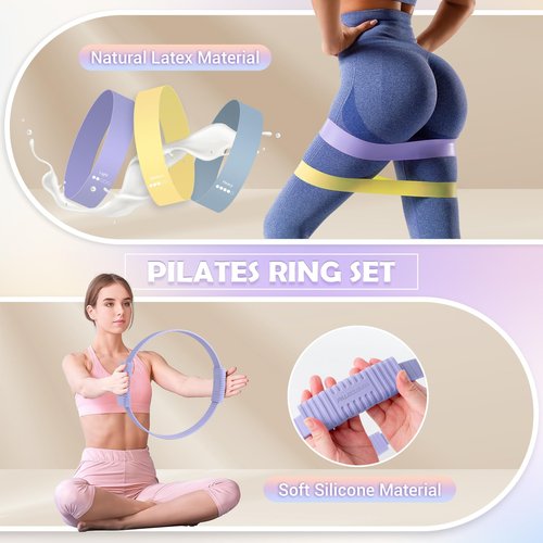 Pilates Essentials Kit for Women, 13.5" Pilates Ring and Ball Set with Resistance Bands for Home Workouts, Portable Pilates Kit with Bag & Training Poster for Full Body Exercise (Purple)