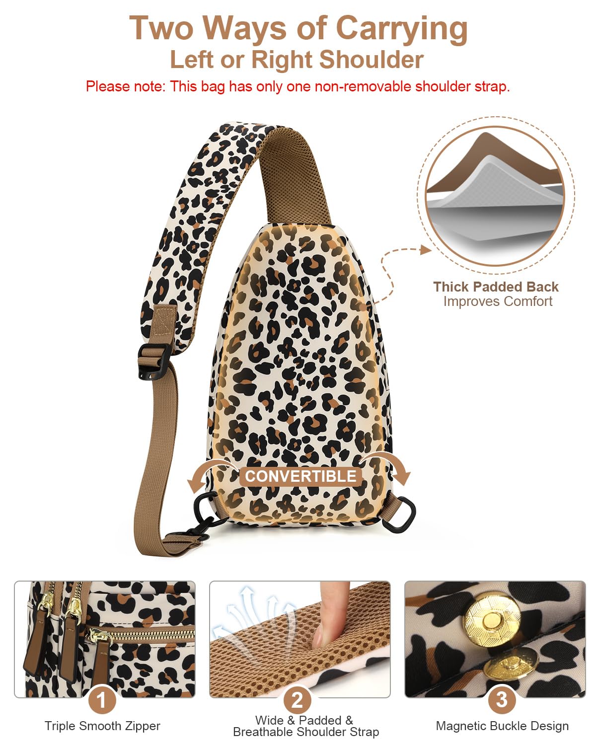 Capolo Sling Bag for Women Men Waterproof Crossbody Bags for Women Trendy Casual Fanny Pack with Convertible Shoulder Strap Chest Bag for Travel Hiking(Leopard, Medium)