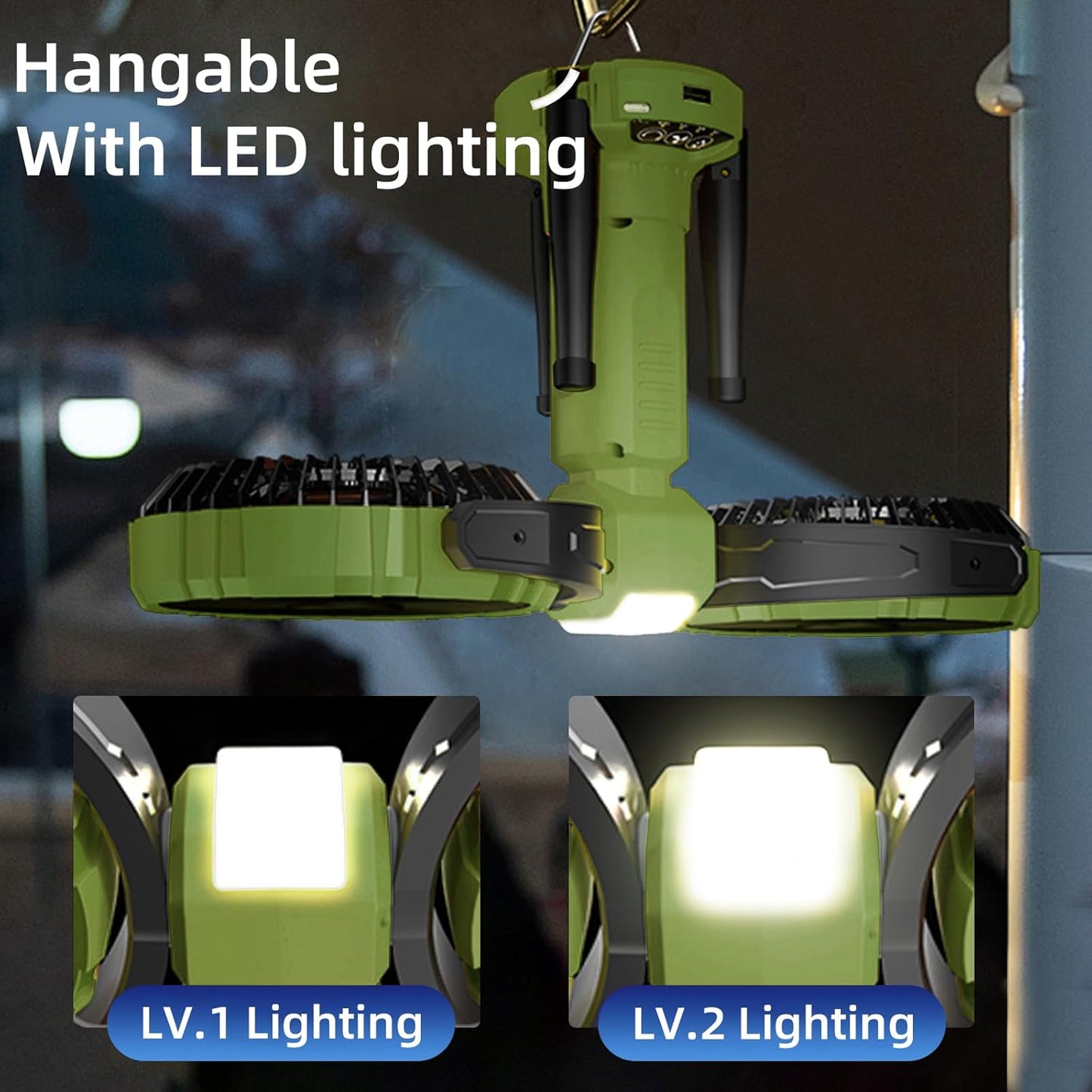 3 in 1 Portable Camping Fan with LED Light,8000mAh Rechargeable Battery Powered Fans with Hanging Hook for Tent,360°Head Rotation,4 Speeds,Camping Essentials Outdoor for Travel Fishing BBQ