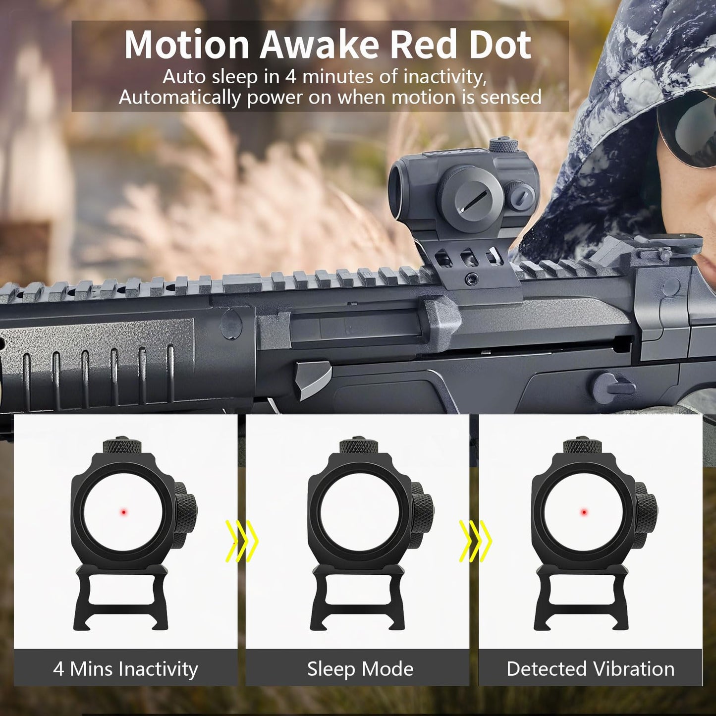2MOA Red Dot Sight for Shotgun Motion Awake Red Dot Sight for Rifle 11 Brightness Red Dot Optics with Absolute Co-Witness Mount IPX7 Waterproof 1000G Shockproof Rifle Scope for 20mm Rail Mount