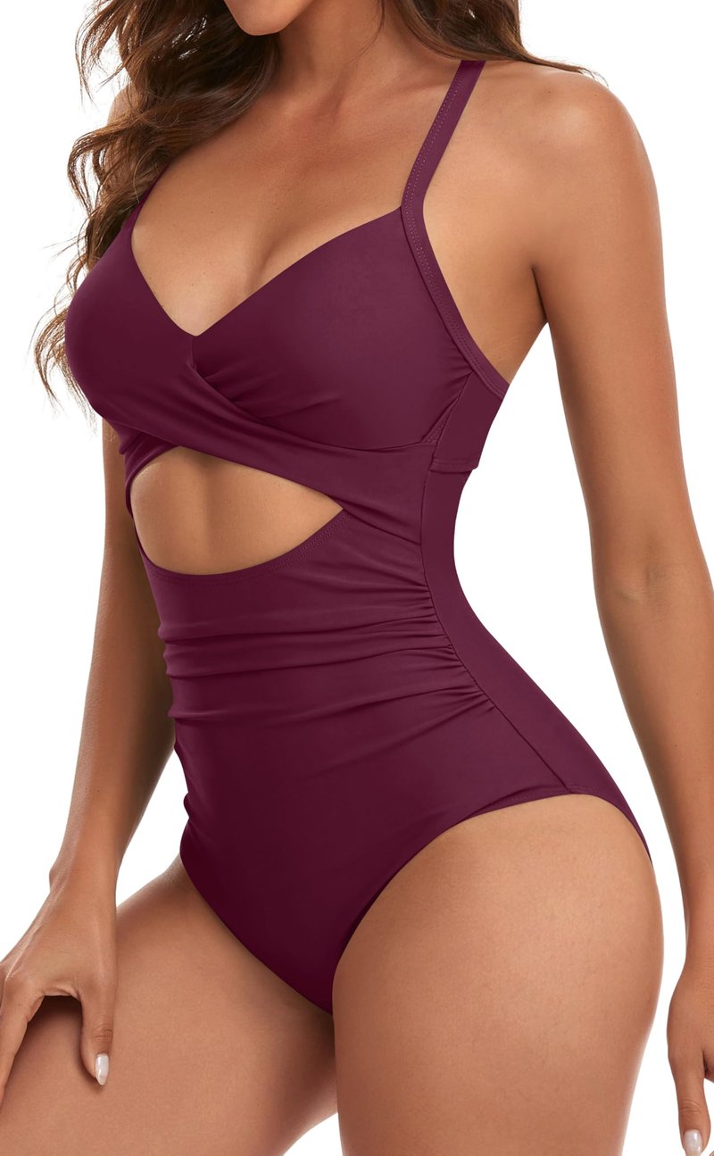 Eomenie Women's One Piece Swimsuits Tummy Control Cutout High Waisted Bathing Suit Wrap Tie Back 1 Piece Swimsuit Wine Red