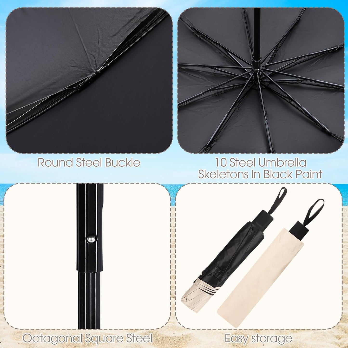 2 Pcs Beach Chair Umbrella with Clamp 49.2" 360° Adjustable Golf Umbrella with Clip and Retractable Stand Sun Shade for Camping Outdoor Travel Patio Wheelchair Golf Cart Stroller