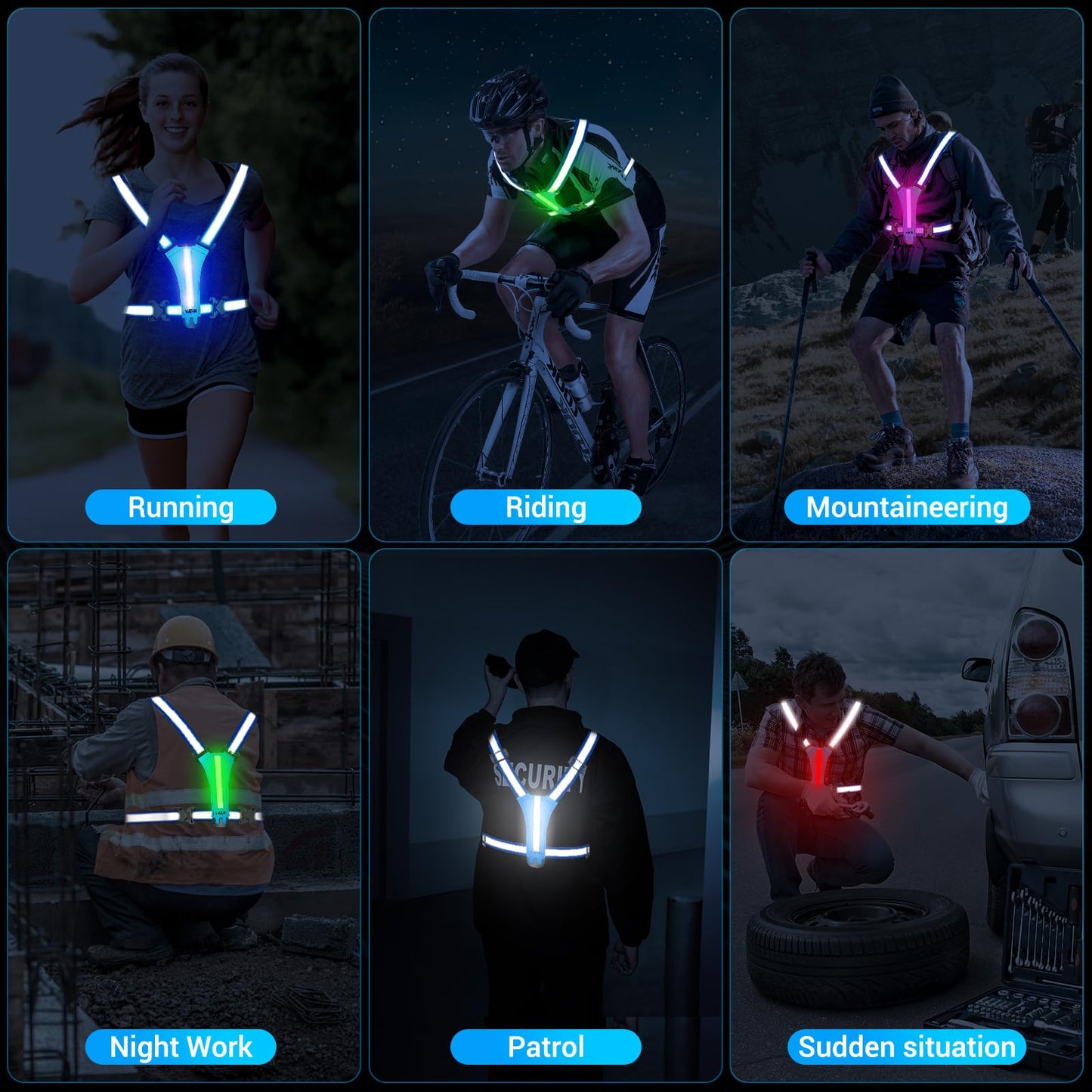 VJEUK Led Reflective Vest Running Gear,7 Lights Colors Light Up Running Vest, Rechargeable High-Visibility Adjustable Vest for Running, Cycling, and Night Activities(Blue)
