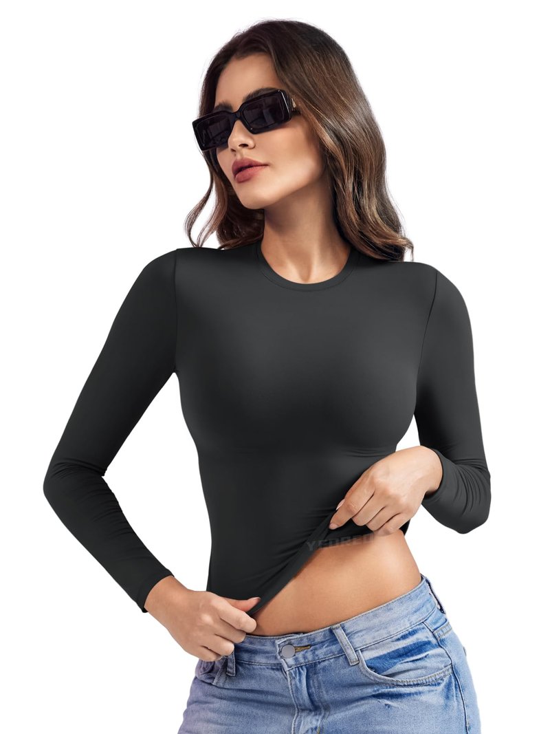 YEOREO Long Sleeve Shirts for Women y2k Tops Double Lined Basic Tee Crew Neck Going Out Sweeney Workout Undershirt Black L