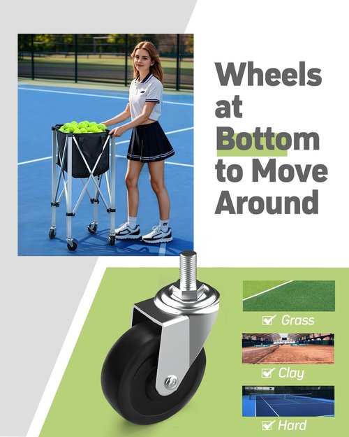 YooKoo Tennis Ball Hopper for 150 Balls, Tennis Ball Basket for Serve Training, Foldable Tennis Ball Cart with Storage Bag, Portable Pickleball Baseball Hopper Basket