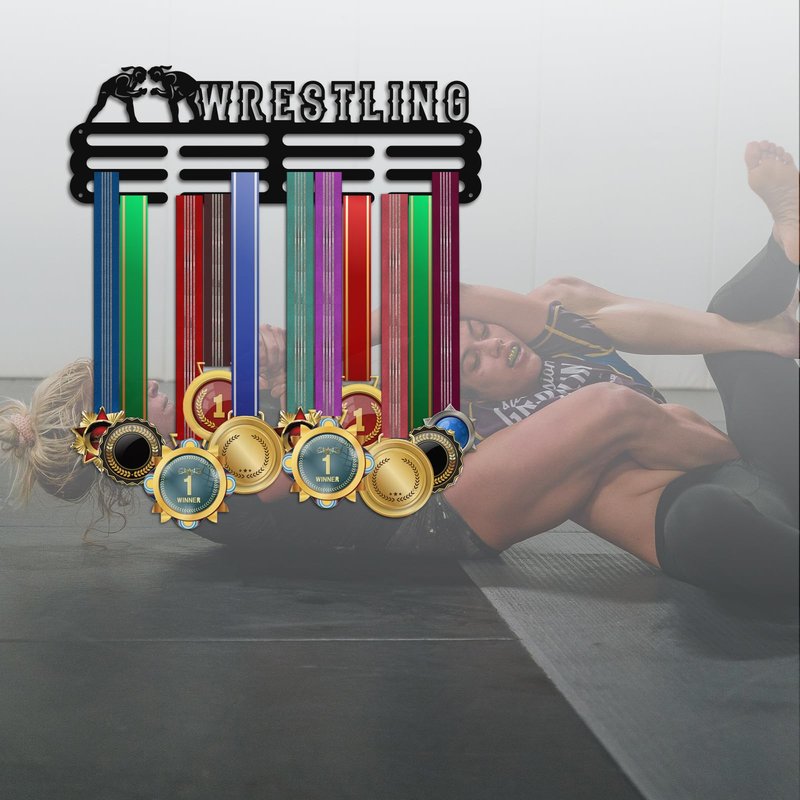 PH PandaHall Wrestling Medal Holder Athletics Medal Award Ribbon Hanger Display Rack Wall Mount Hanger Decor Trophy Shelf Tiered Award Rack for Over 50 Medals Easy to Install 15.75 Inch