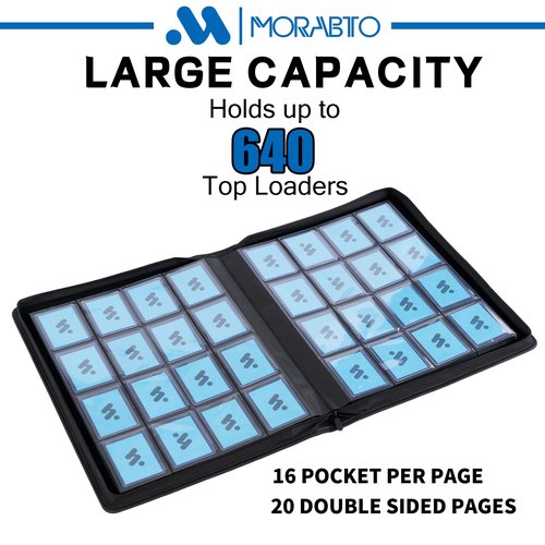 MORABTO Toploader Binder, Holds 640 Top Loaders,16 Pocket Top Loader Binders for 3" x 4" Rigid Cards,Toploader Card Binder for Hard Plastic Top Loaders -Black