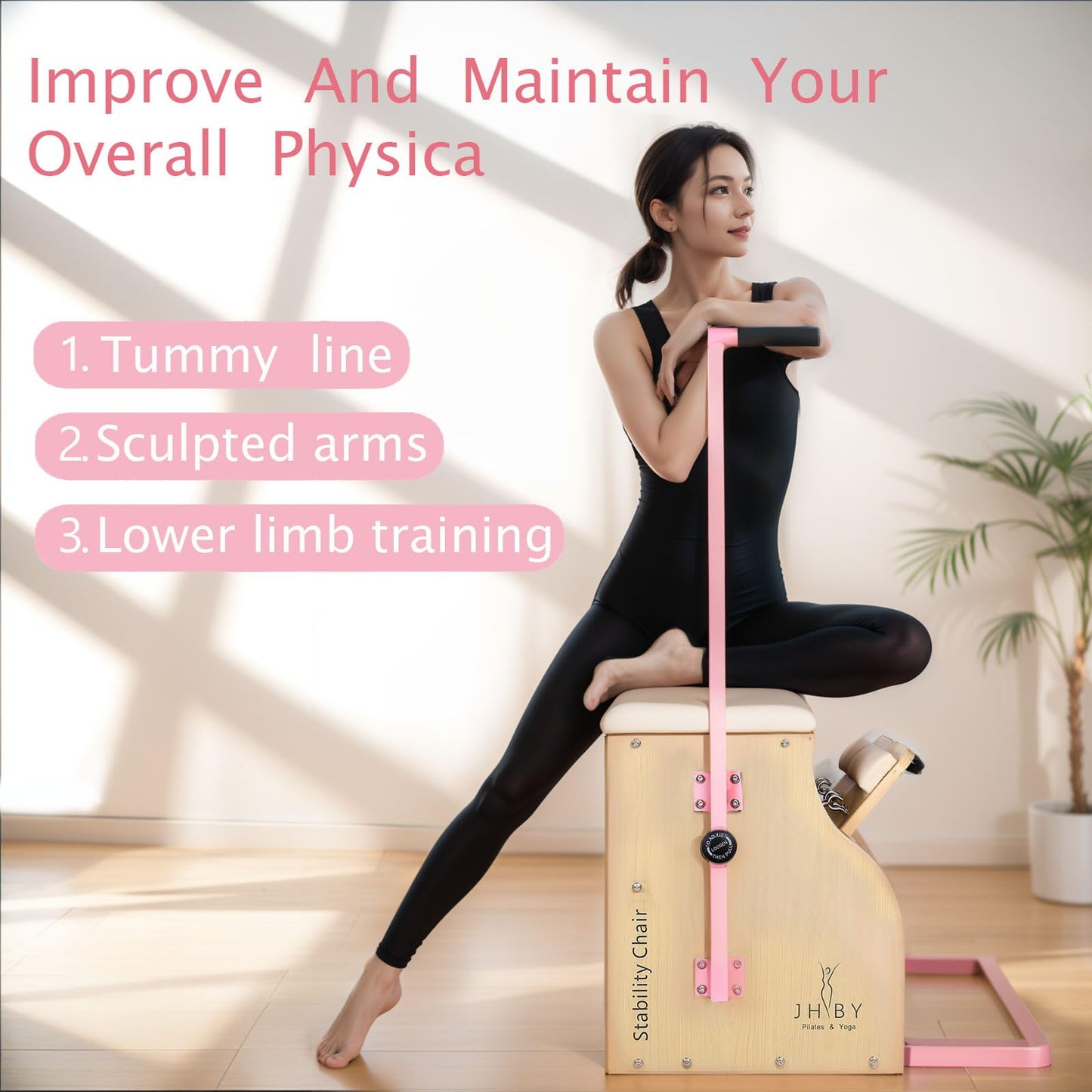 JHBYBMG Pilates Chair, Pilates Chair for Home Workouts, Sturdy Metal Frame (Black Frame White Cushion) (Pink)