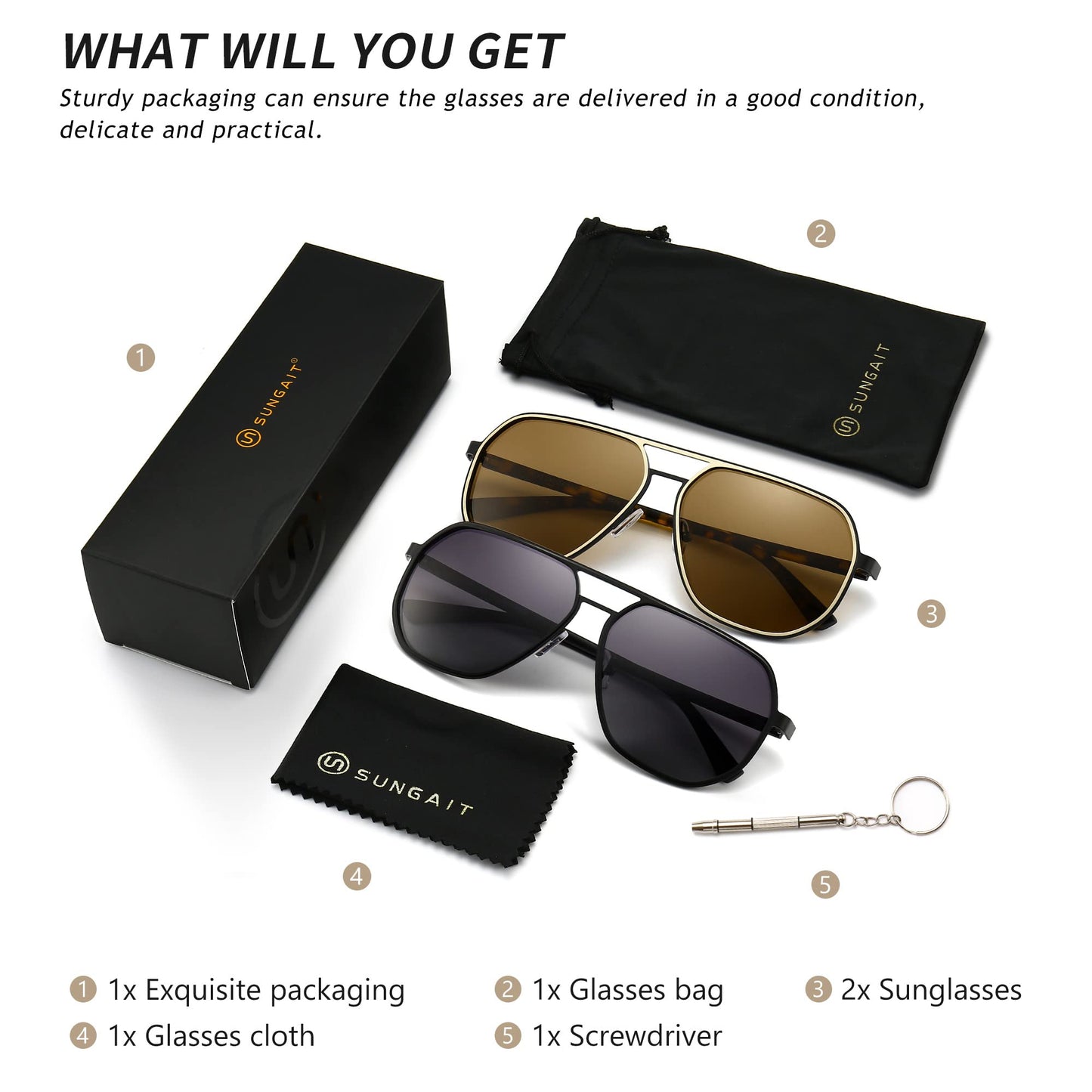 SUNGAIT Polygon Aviator Sunglasses for Men Polarized Trendy Square Sun Glasses Retro Pilot Shades UV Protection