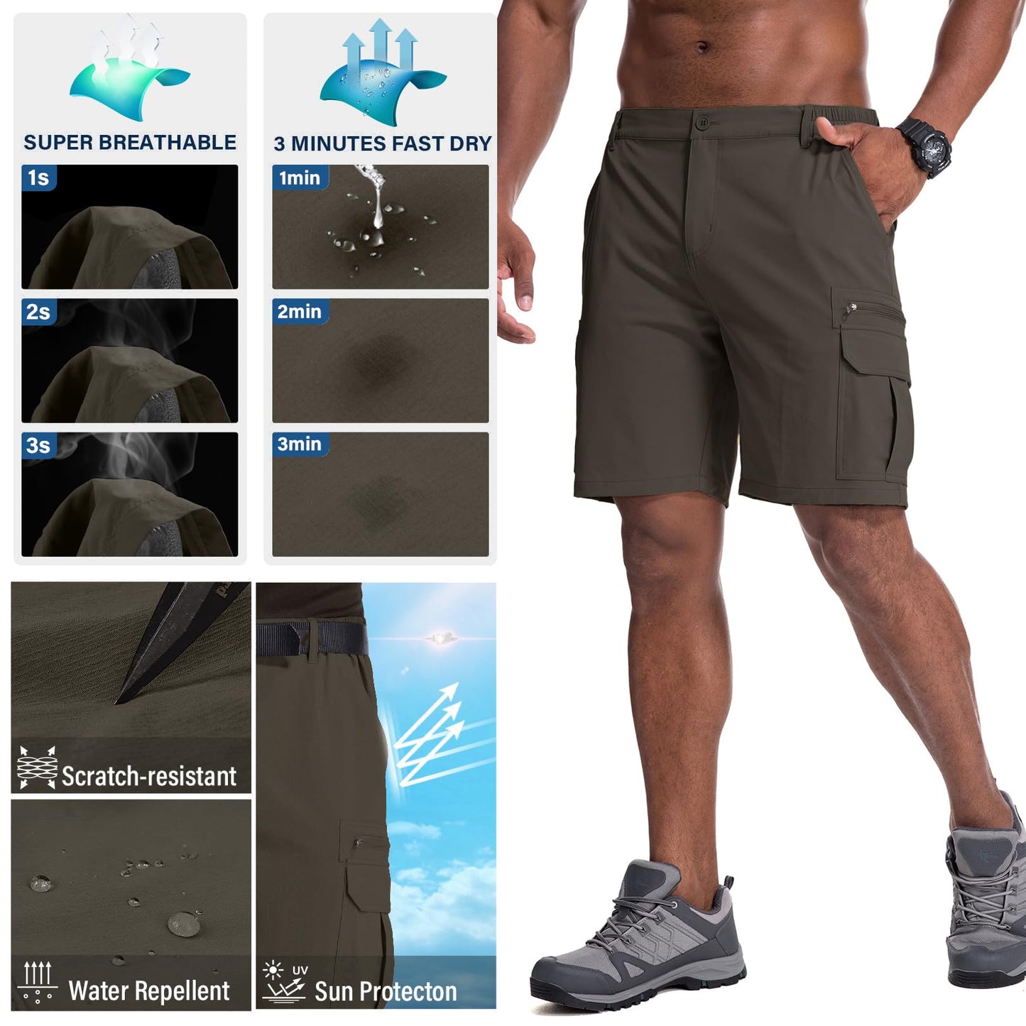 Jessie Kidden Mens Outdoor Casual Expandable Waist Lightweight Water Resistant Quick Dry Fishing Hiking Shorts (6222 Dark Brown 38)