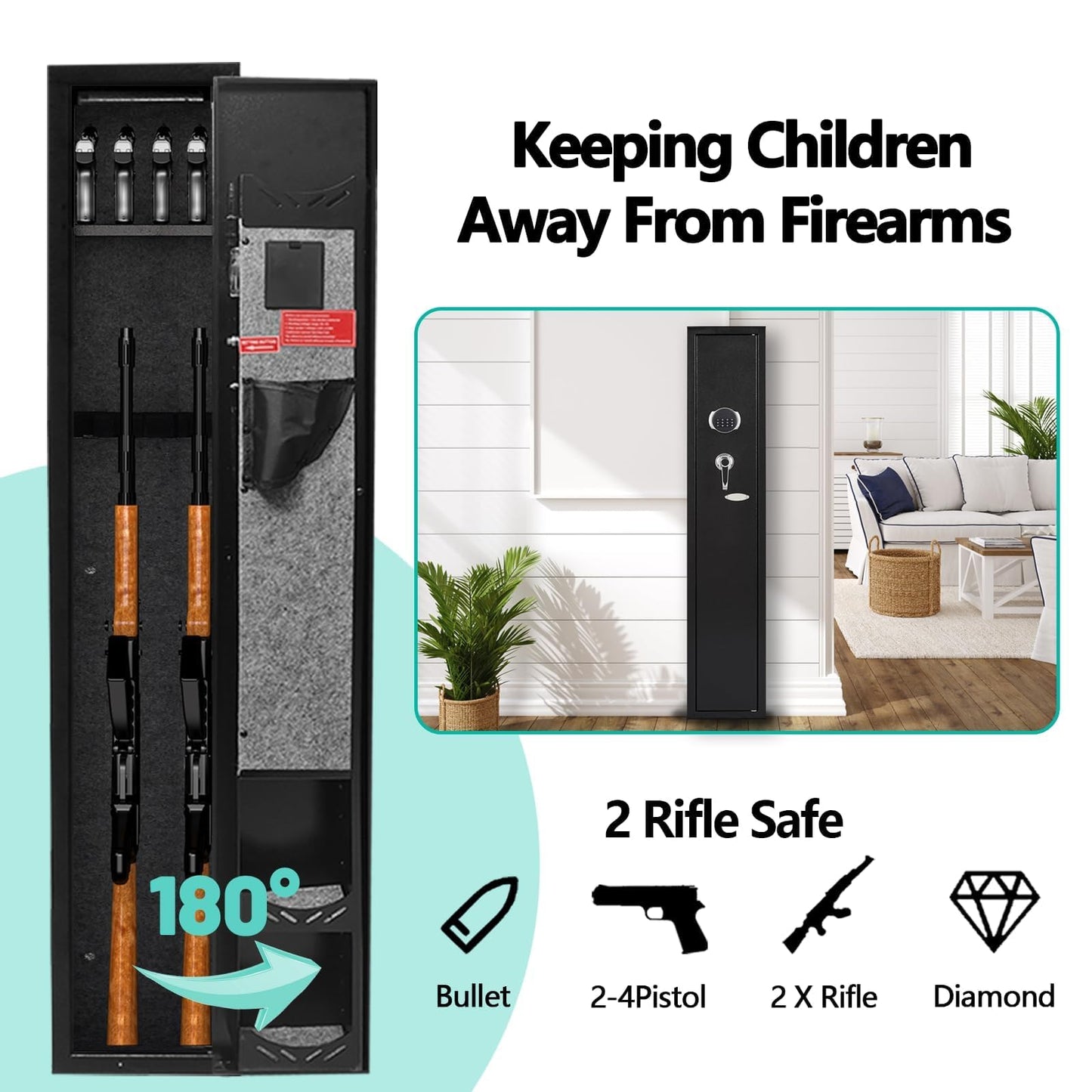 KAER 2-3 Gun Safe,Rifle Safe,Gun Safe for Rifles and Pistols,Gun Cabinet for Shotguns,Long Gun Cabinet for Shotguns with Removable Storage Shelf,LED Light,Quick Access Rifle Safes,Adjustable Shelves