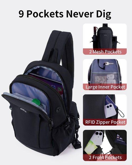 ECOHUB Crossbody Bags for Women Men, Anti-Theft RFID Blocking Roomy Sling Backpack with Sturdy SBS Zippers Water Resistant Chest Shoulder Bag Daypack with 9 Pockets Travel Work Hiking, Black