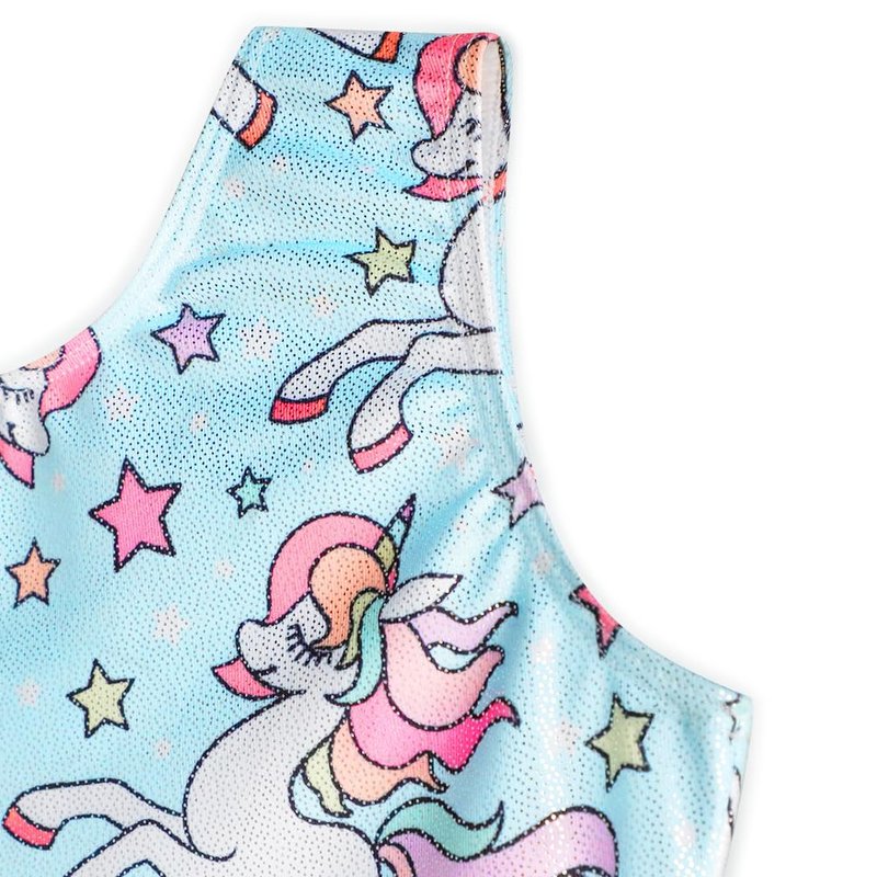 HOZIY Unicorn Leotards With Shorts for Girls Gymnastics Size 7-8 Year Old Sky Blue Rainbow Stars Sparkly Kids Leo Unitard Tumbling Outfits Biketard Ropa Gimnasia Para Niña