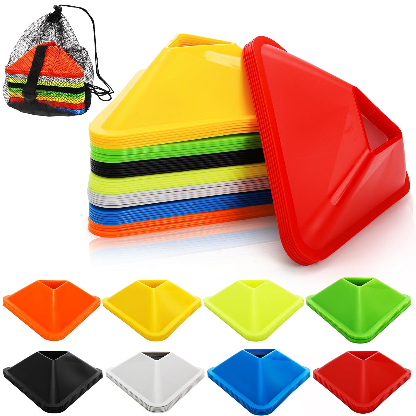 Tlence 48 Pack Soccer Cones for Training, Flexible Agility Disc Cones with Carry Bag and Strap, Mini Sports Practice Equipment for Football Basketball Drills (8 Colors)
