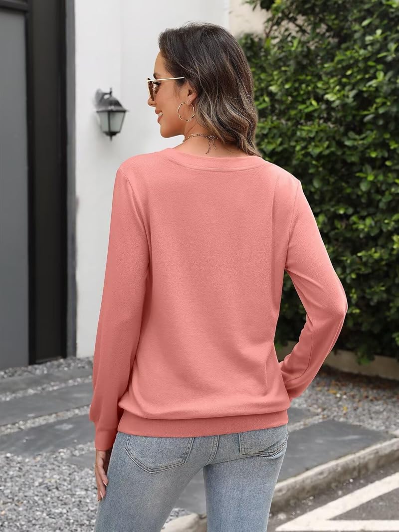 EADINVE Coral Large Henley Neck Sweatshirt for Women - Long Sleeve V-Neck Casual Fall Top