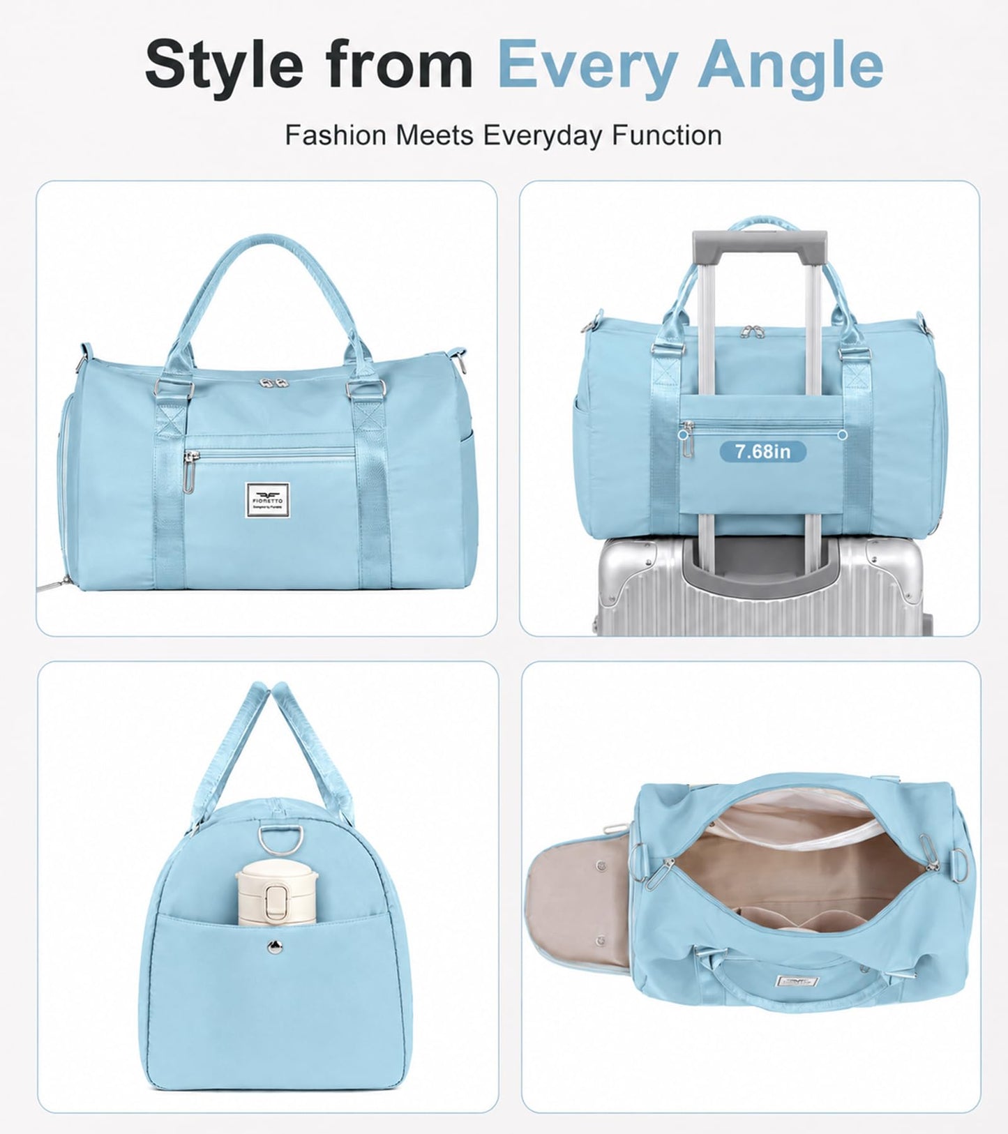 FIORETTO Womens Gym Tote Duffle Bag with Wet Pocket & Shoe Compartment, Sports Duffel Overnight Weekender Hospital Workout Carry on Bag for Girls, Ideal for Travel, Swimming, Dance, Ballet Light Blue