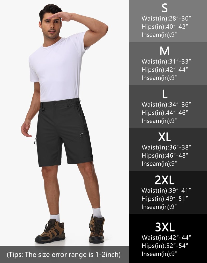 JWM Men's 9" Hiking Cargo Shorts - Lightweight Quick Dry UPF 50+ Stretch Outdoor Shorts with 5 Zipper Pockets for Golf Fishing Travel Work