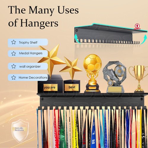 iBobbish Metal Medal Hanger Display, Non-Slip Trophy Shelf with 20 Hooks, Wall Mount, Heavy Duty, Non-Bent, Holds 22-33lbs, for Gymnastics, Race, Soccer, Swim