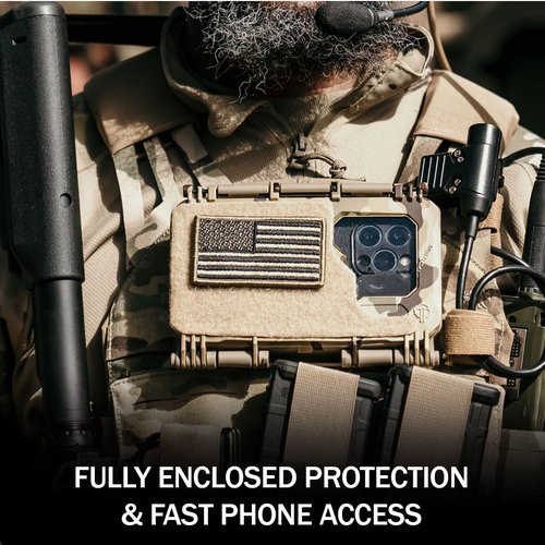 Thyrm DarkVault Comms 2.0 Critical Gear Case with Patch Panels, Integrated Phone Clamp, Viewing Window, for Chest Rig Compatible with Smartphones, Made in USA (Tan Front/FDE Back, Large)