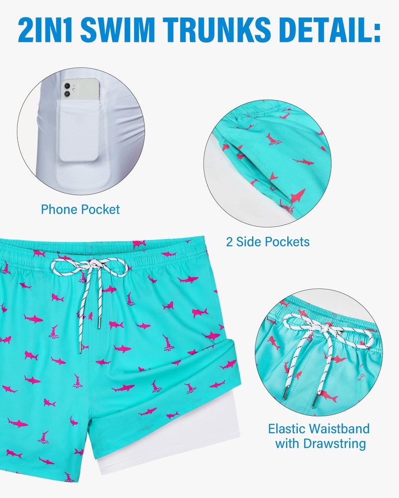 Gleeease Swimming Trunks for Men Swim Shorts Men 5 inch with Compression Liner Pockets Drawstring Quick Dry Stretch Lined Funny Beach Swimming Pool Surf Shark Blue X-Large