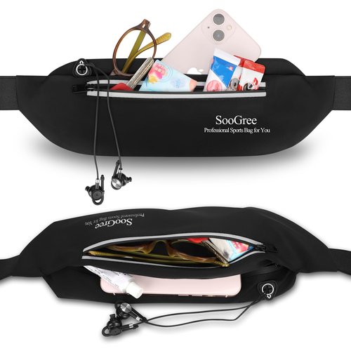 SooGree Running Waist Pack for Men Women, Lightweight Waterproof Sports Belt Bag, Phone Running Pouch, Night Reflective Fitness Storage Bag for Running Cycling Hiking Traveling (Black)