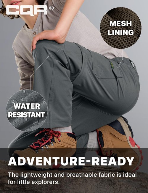 CQR Kids Youth Hiking Cargo Pants, UPF 50+ Quick Dry Convertible Zip Off Pants, Outdoor Camping Pants, Shenandoah Carbon Grey, Large