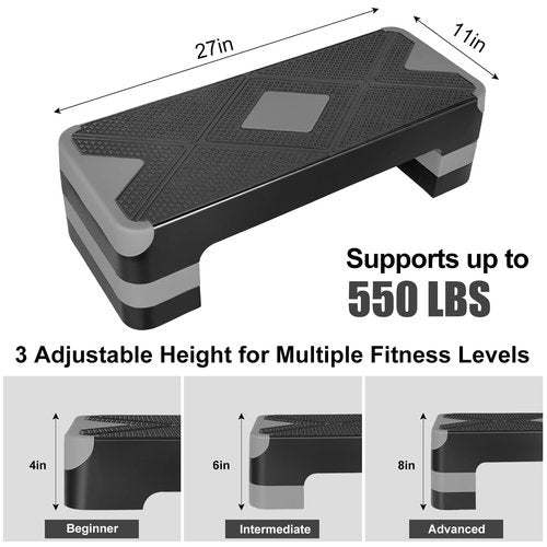 Ucootifly Aerobic Exercise Step Adjustable Aerobic Stepper for Exercise Workout Step Platform for Step Up, 27" Step Deck with 4” 6” 8” Adjustable Height Risers,Grey